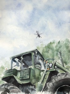Militärfordon akvarell för Länsstyrelsen av Magnus Sjöberg Design