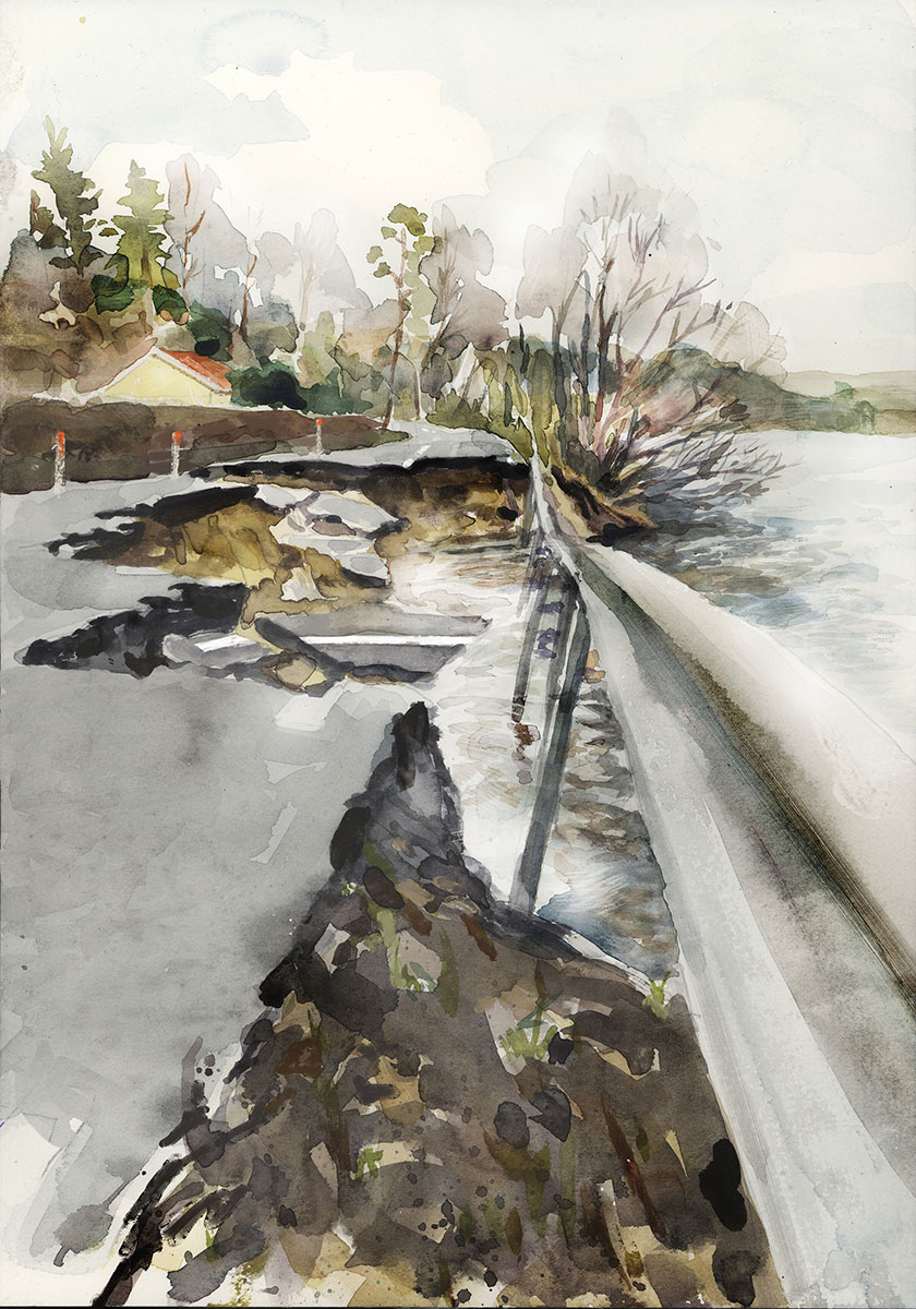 Översvämning av väg. Illustration. Akvarell för Länsstyrelsen av Magnus Sjöberg Design